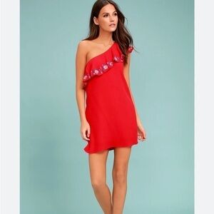 Lulu’s one shoulder red embroidered slip dress